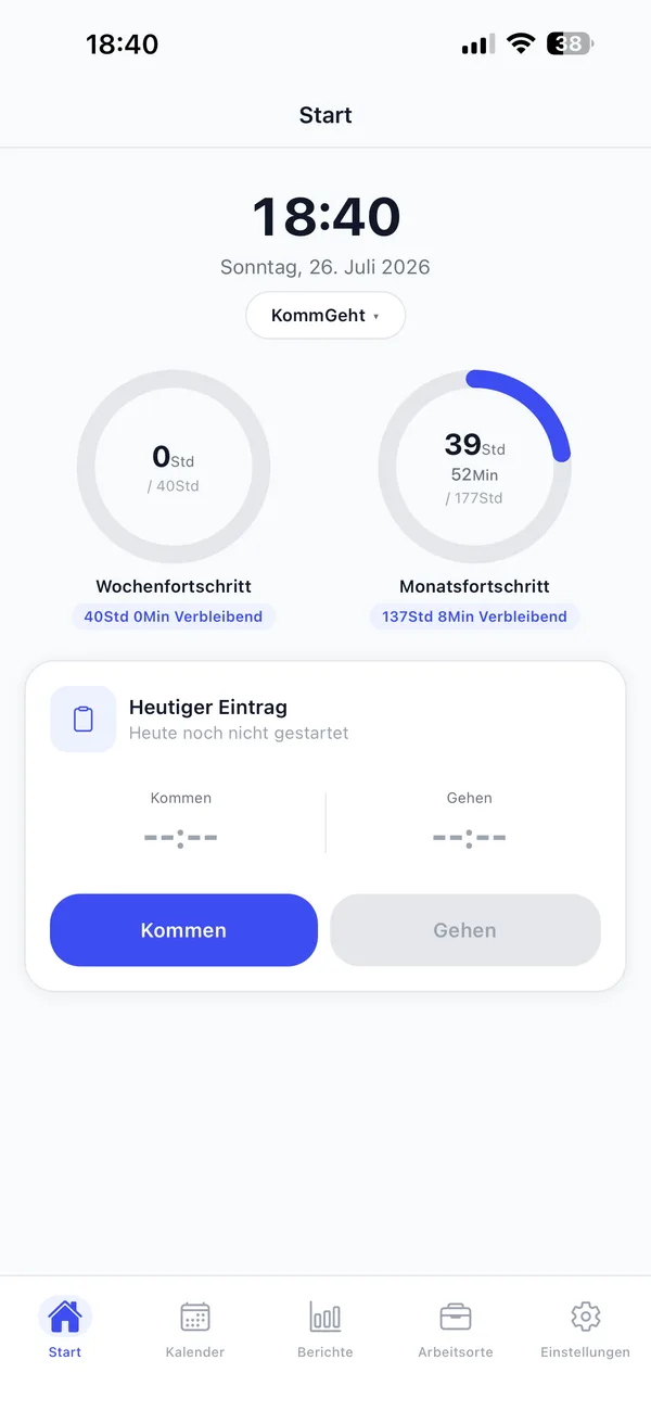 Der Startbildschirm mit Kommen und Gehen