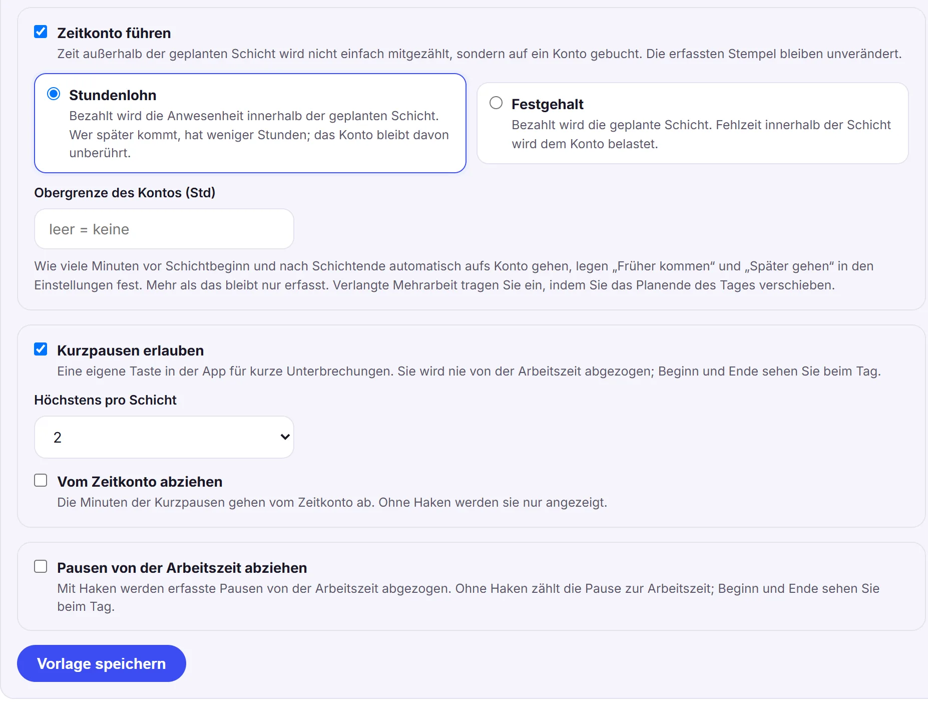 Zeitkonto, Kurzpausen und Pausen eines Arbeitsorts